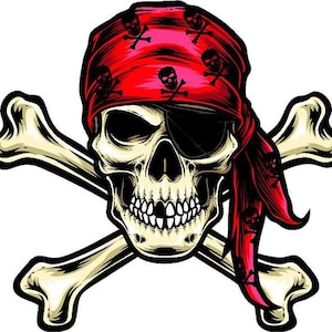 Op de afbeelding: Een witte schedel met een rode bandana om zijn hoofd en een zwart ooglapje. De schedel is gekruist met twee witte botten.