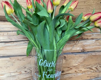 Vase Glas Freundin Freund personalisiert Geschenk Abschied Accessoires übertopf Blumen Kleinigkeit vintage Frühling Geburtstag deko