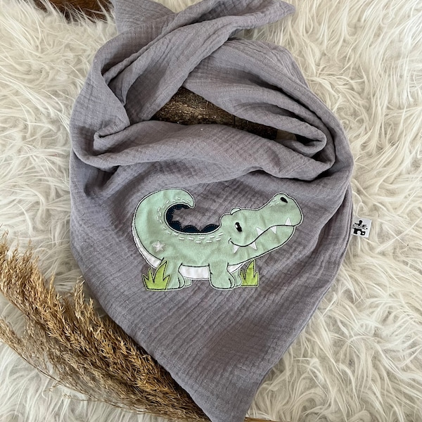 Musselintuch Krokodil Kroko bestickt Vintage Musselin Tuch Schal Geschenk Weihnachten Accessoires Geburtstag Jungs Halstuch grau Mädchen