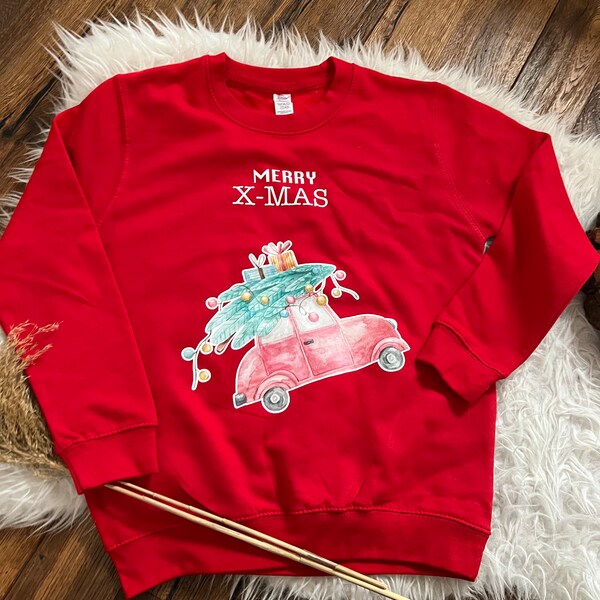 Pullover Weihnachten personalisiert Pulli Sweatshirt Weihnachtspullover Geschenk Geburtstag  mit Name Kinderpullover Weihnachten Auto 1013