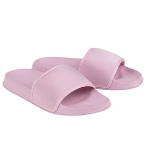 May include: A pair of pink slide sandals. The sandals have a wide strap across the top of the foot.