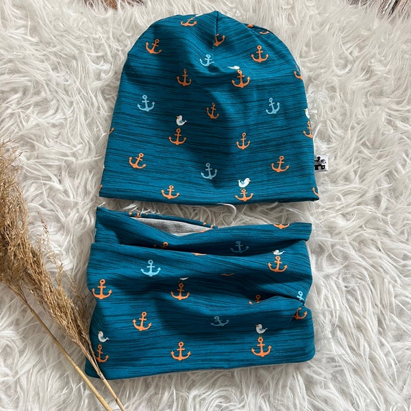 Beanie und Loop Set Anker maritim Mütze Mädchen junge Geschenk Accessoires Geburtstag Herbst Frühjahr