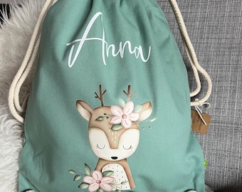 Gym bag personalized with name deer floral flowers change of clothes school kindergarten holiday bag gift birthday