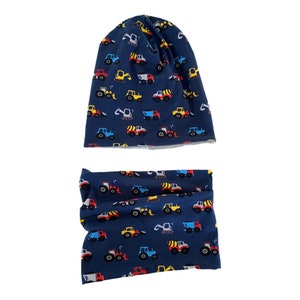 Beanie and loop set excavator construction vehicle crane wrecking ball hat blue colorful boys gift Christmas gray accessories boy fire