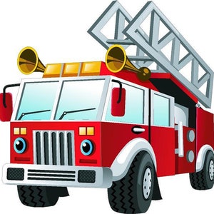 Könnte beinhalten: Ein rotes Feuerwehrauto mit einer Leiter auf dem Dach und zwei gelben Sirenen. Das Auto hat eine weiße Frontstoßstange und weiße Reifen mit einem schwarzen Profil. Das Auto hat ein Comic-Gesicht mit großen blauen Augen.