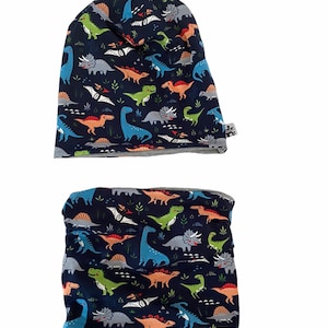 Beanie and Loop Set Hat Dinos Dinosaur Boy Girl Animals Gift Christmas Accessories Vintage Easter Blue