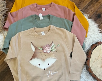 Pullover Fuchs personalisiert Pulli Sweatshirt Waldtiere Geschenk Geburtstag Weihnachten mit Name Tiere Mädchen Blumen floral 1001