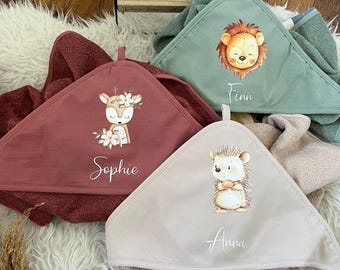Personalized hooded towel, gift for birth, birthday, fox, deer, hedgehog, lion, woodland animals, baby boy, girl, christening towel with name 1042