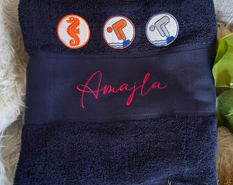 Towel personalized with swimming badge, pirate, seahorse, bronze, silver, gold, bath towel gift for birthday 50 x 100 cm