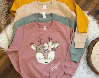 Sweater deer personalized sweater sweatshirt forest animals gift birthday Christmas with name animals girls flowers floral