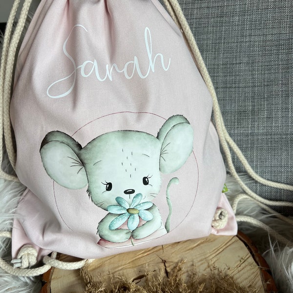 Turnbeutel personalisiert mit Namen Maus Mäuschen Wechselwäsche Schule Kindergarten Urlaub Beutel Geschenk Geburtstag Rucksack 1019