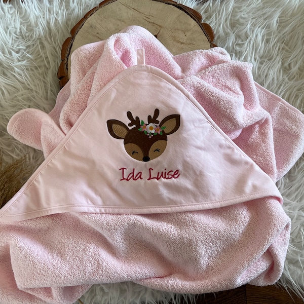 Kapuzenhandtuch XXL personalisiert Reh Rehkitz Geschenk zur Geburt Geburtstag 100x100 cm Baby Junge Mädchen Taufe bestickt