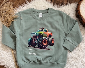 Pullover Monstertruck personalisiert Pulli Sweatshirt Waldtiere Geschenk Geburtstag Weihnachten mit Name Tiere Junge Auto 1012