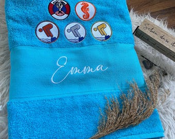Gepersonaliseerde handdoek met zwembadges, piraat, zeepaardje, brons, zilver, goud, badhanddoek cadeau voor verjaardagen 70 x 140 cm