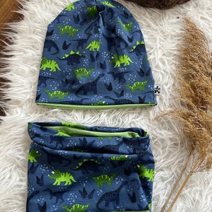 Beanie and Loop Set Hat Dinos Dinosaurs Boy Girl Animals Gift Christmas Accessories Vintage Easter Blue