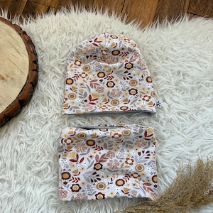 Beanie and Loop Set Flowers Floral Retro Brown Gift Christmas Birthday Accessories Hat Girl