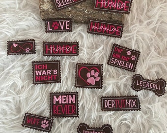 Patch Lederlabel Label Kunstleder bestickt DIY nähen Tüddel Tüddelkram, Button Jungs Geschenk rosa pink Handmade selfmade Hund