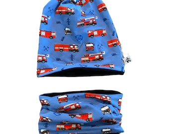 Beanie und Loop Set Feuerwehr Mütze blau Jungs Geschenk Weihnachten blau Ostern Feuer Fahrzeug Accessoires junge