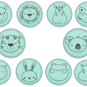 May include: Ten round aqua blue stickers with black outlines featuring various animal faces. The animals include a bear, lion, zebra, fox, tiger, koala, owl, rabbit, hippopotamus, and frog.