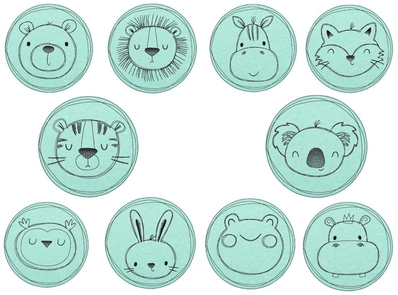 May include: Ten round aqua blue stickers with black outlines featuring various animal faces. The animals include a bear, lion, zebra, fox, tiger, koala, owl, rabbit, hippopotamus, and frog.