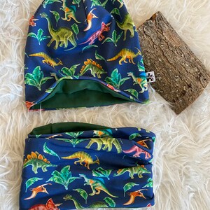 Beanie and Loop Set Hat Dinos Dinosaur Boy Girl Animal Gift Christmas Accessories Vintage Easter Blue Colorful