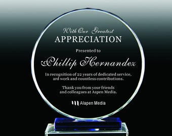 Personalized Crystal Appreciation Plaque, Crystal Employee Retirement  Gift Plaque, 6 inches Diameter, Crystal Award, Trophy