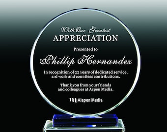 Personalized Crystal Appreciation Plaque, Crystal Employee Retirement  Gift Plaque, 6 inches Diameter, Crystal Award, Trophy