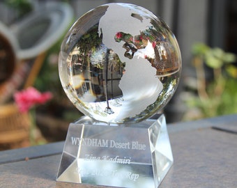 Crystal Globe award (4" Diameter) on Crystal Stand Personalized Trophies Engraved Glass Award Corporate Trophy Award ,Glass Trophy