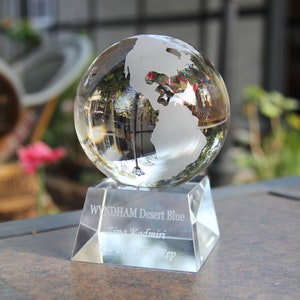 Crystal Globe award (4" Diameter) on Crystal Stand Personalized Trophies Engraved Glass Award Corporate Trophy Award ,Glass Trophy