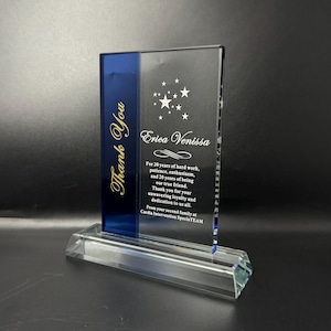 Personalized Crystal Employee Award, Retirement Appreciation Gift Plaque, Graduation Plaque, Crystal Award, Police Awards, Engraved Trophy
