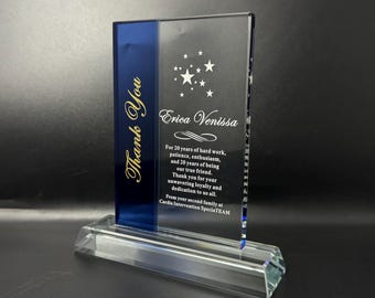 Personalized Crystal Employee Award, Retirement Appreciation Gift Plaque, Graduation Plaque, Crystal Award, Police Awards, Engraved Trophy