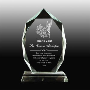 Personalized Glass Award ,Employee, Retirement, Appreciation Gift , Graduation ,Plaque, Crystal Award, Thank you,Engraved Trophy, of Month
