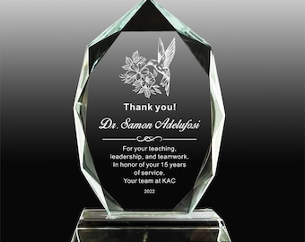 Personalized Glass Award ,Employee, Retirement, Appreciation Gift , Graduation ,Plaque, Crystal Award, Thank you,Engraved Trophy, of Month