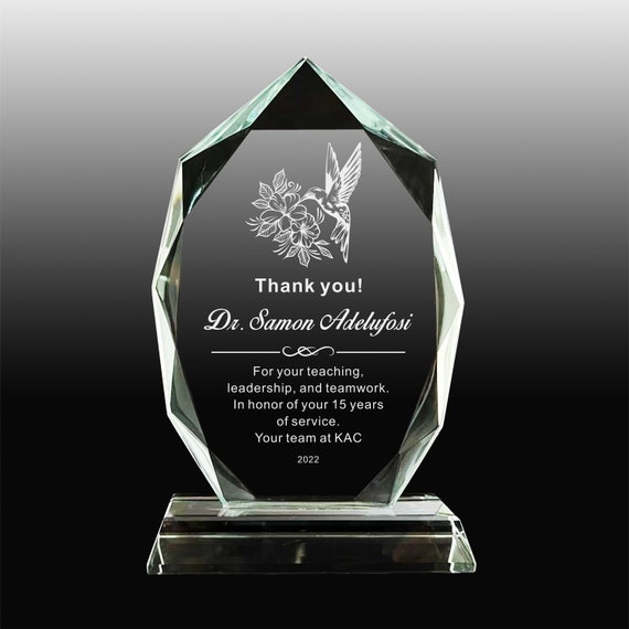 Personalized Glass Award ,employee, Retirement, Appreciation Gift ,  Graduation ,plaque, Crystal Award, Thank You,engraved Trophy, of Month 