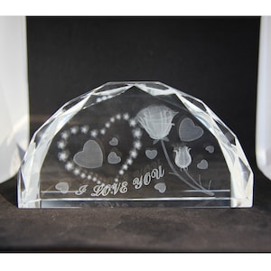 Laser Etched 3 D Images in crystal, Half moon shape,valentine&#39;s day gifts,gift for mom,gifts for her,rose and heart,I love you