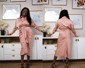 Semi Formal Dress, Spring Wedding Guest Dress, Curvy Midi Dress, Faux Silk Work Dress, Pink Satin Dress, Long Sleeve Button Down Midi Dress