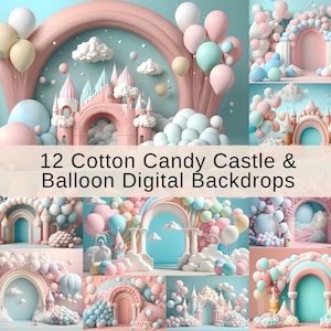 Cotton Candy Castle and Balloon Digital Backdrops, Cake Smash, Wedding and Maternity Backgrounds, Studio Backdrops, Photoshop overlays