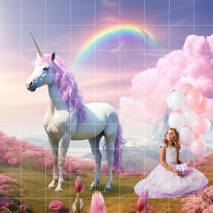 May include: A young girl in a white dress holds a bunch of pink and white balloons in a magical landscape with a white unicorn and a rainbow in the background.