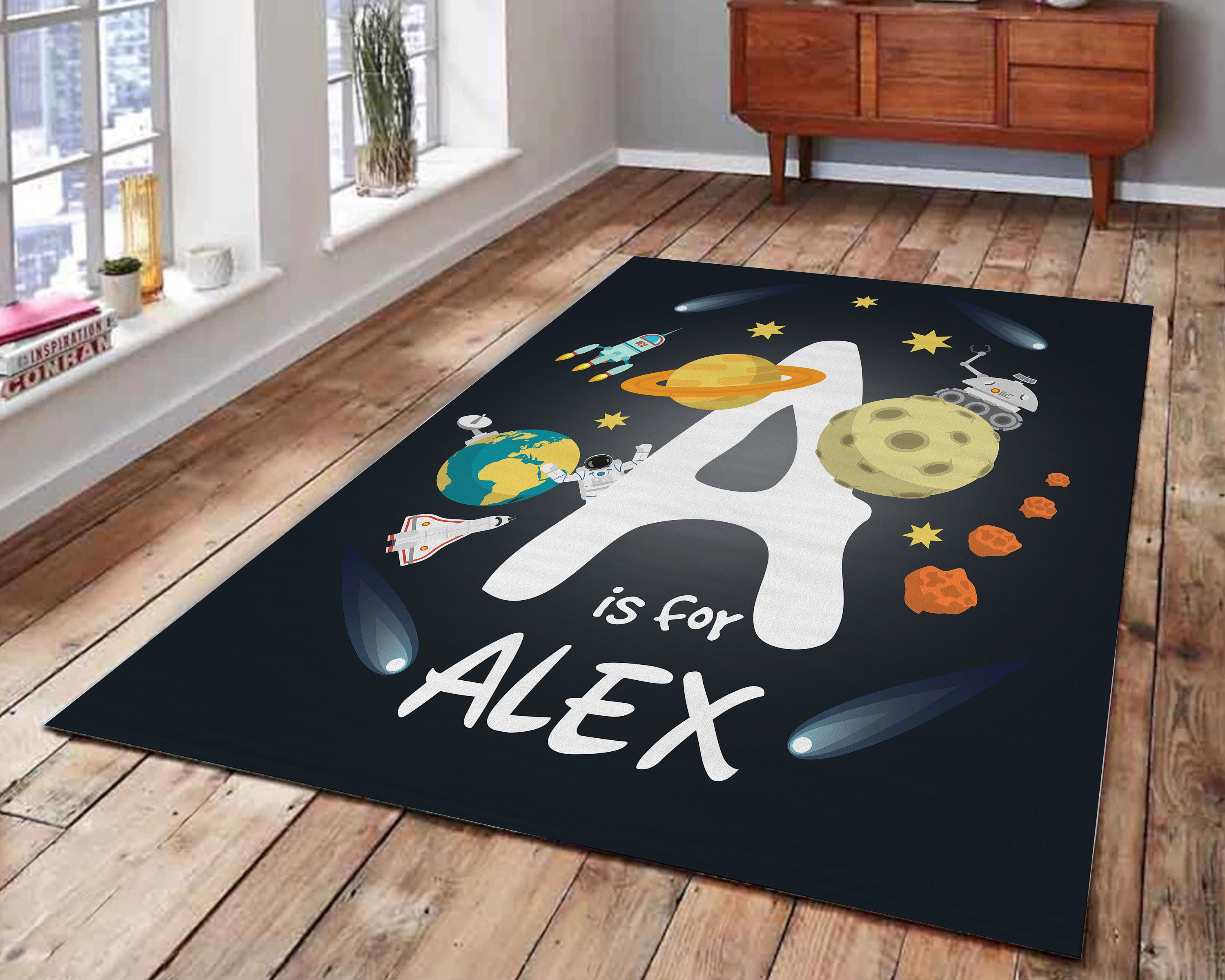 Space Themed Rug With Personalized Initial Nursery Rug With Etsy