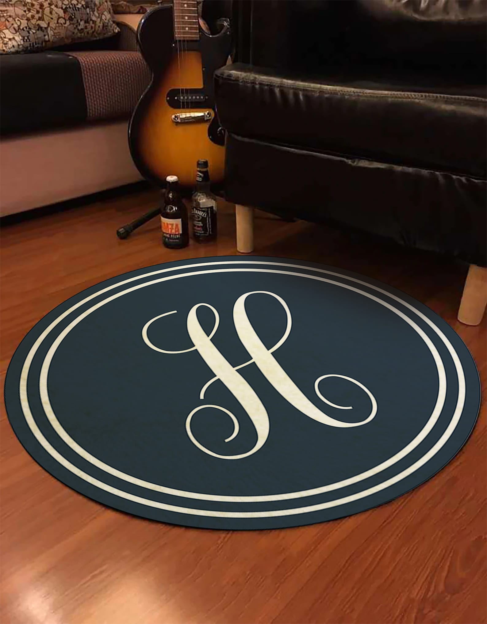 Personalized Round Monogram Rug Modern Bordered Custom Area Etsy
