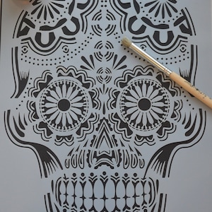 Crâne tatoué, Jour des morts, pochoir pour meubles, tissu, peintures murales, gravure, signalisation, art et artisanat, cliquez pour peindre et décorer.  Non 3