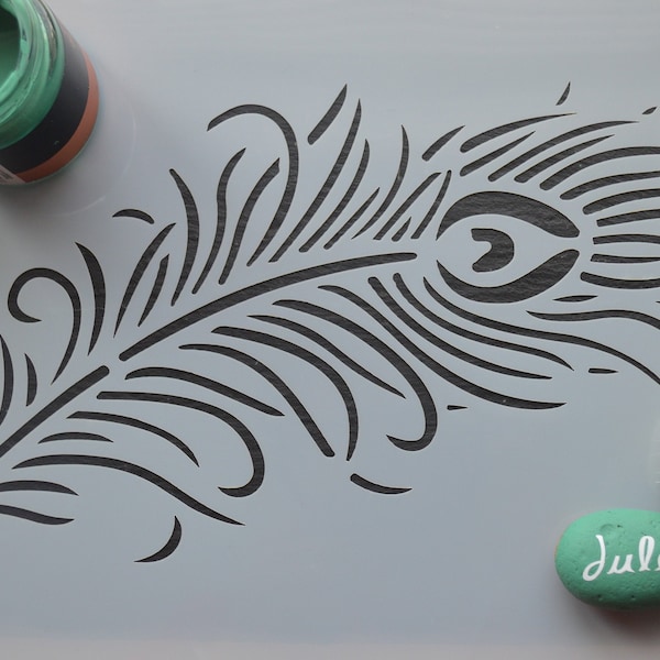 Single  Peacock Feather Stencil in A4 for furniture, fabric, murals, etching,  all arts and crafts, click to paint and decorate now.