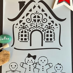 Stencil Gingerbread House. A4 125 o 190 micron Mylar. Per biglietti di Natale, decorazioni per torte, incisioni su finestre, barbottina, poster e altro ancora.