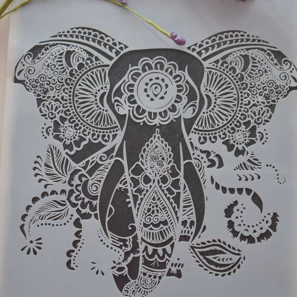 Large Majestic Mandala elephant in A2 stencil for furniture, fabric, murals, etching, all arts and crafts, click to paint and decorate now