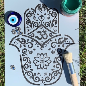 Hamsa Hand Schablone.  A4 für MALEREI Möbel-, Stoff-, Wand-Kunst, Scrapbooking, Beschilderung und Fliesen einzigartig.  Klicken Sie, um jetzt zu malen