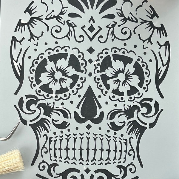 Day of the Dead Tattooed Skull stencil.  A5 mylar.  For painting furniture, fabric, murals, etching, signage,  art and crafts, click to buy