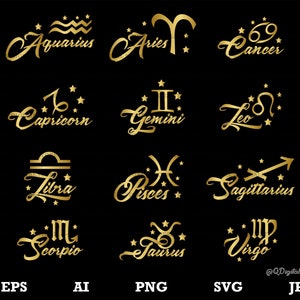 Sternzeichen Namen SVG, Gold Sternzeichen Designs, Png Schnittdatei, Astrologie SVG, Horoskop SVG, Schnittdatei für Cricut, Png, Eps, Ai, Jpg