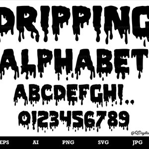 Dégoulinant de polices SVG, dégoulinant de l'alphabet, dégoulinant de fichiers coupés, fichiers Svg pour Cricut et Silhouette, dégoulinant de lettres, Png, Eps, SVG, Ai, Jpg