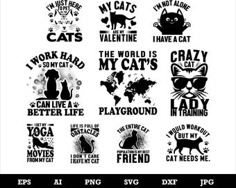 Cat Svg Bundle, Cat Cricut, Cat Clipart, Cat Lover Svg, Cat Cut File, Cat Quotes Svg, Png, Eps, Ai