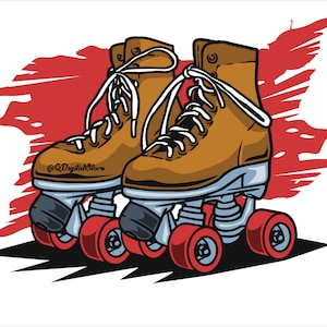 May include: A pair of brown leather roller skates with white laces and red wheels. The skates are on a white background with a red splatter behind them.